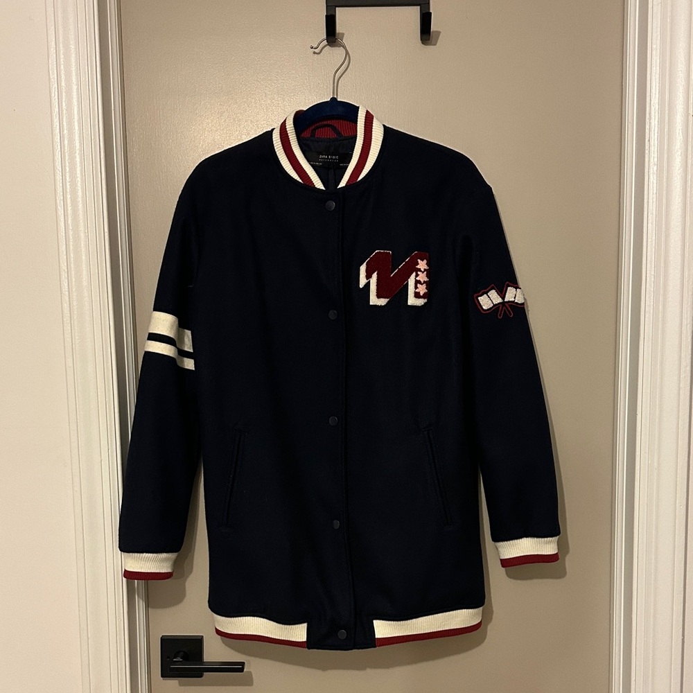 Zara Dark Navy Blue Varsity Jacket with White and Red Details